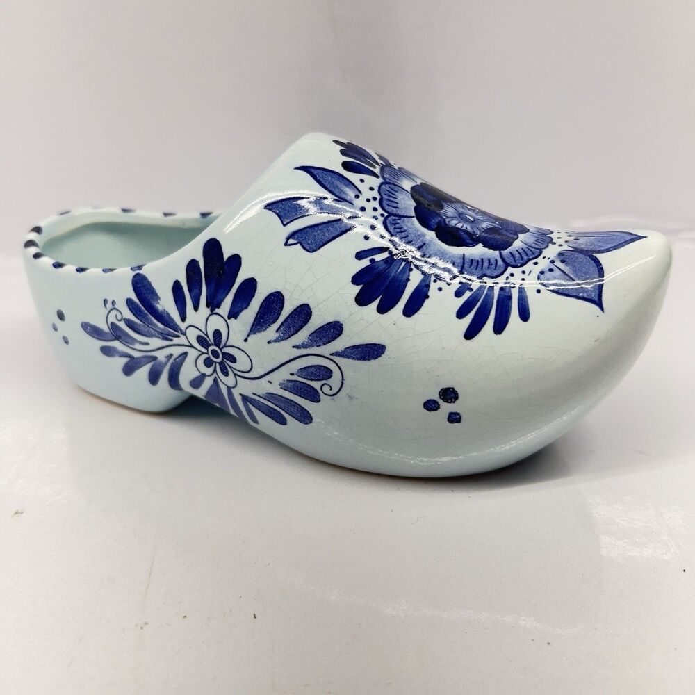 Vintage “Delfts Blauw” ~ Blue Flowers ~ Hand Painted Ceramic Shoe Planter ~ 7½"